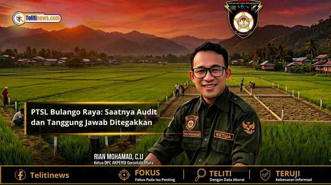 Rian Mohamad, Ketua DPC AKPERSI Gorontalo Utara, berpose di sawah Gorontalo saat matahari terbenam. Foto untuk artikel tuntutan Audit PTSL Bulango Raya