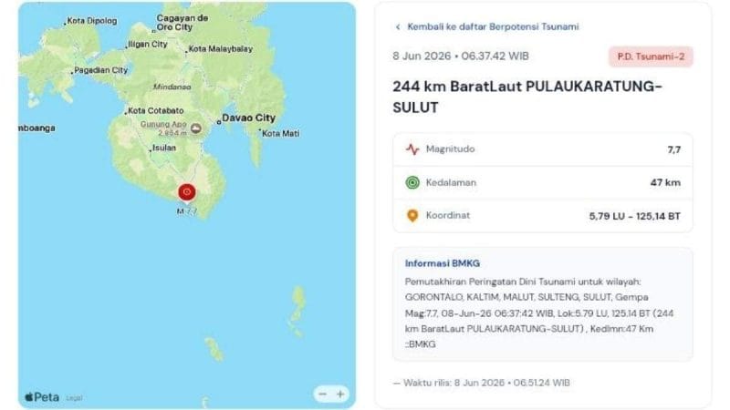 Gempa M 7,7 di Laut Sulawesi, BMKG Tetapkan Gorontalo Utara Bagian Utara Berstatus Siaga Tsunami
