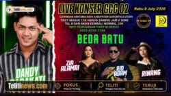 Poster Live Konser GCC 02 di Lapangan Gentuma Raya Gorontalo Utara yang menghadirkan Dandy Barakati dan grup Beda Batu bersama Zia Alamri, Rio Adam, dan Rinang pada 8 Juli 2026.