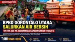 Petugas BPBD Gorontalo Utara menyalurkan air bersih kepada warga terdampak kekeringan di Desa Molantadu, Kecamatan Tomilito, Rabu (29/7/2026).