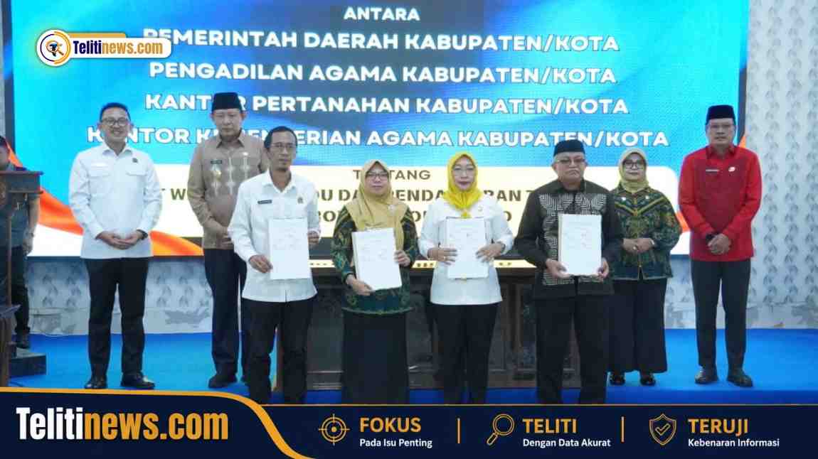 Penandatanganan Perjanjian Kerja Sama Isbat Terpadu Wakaf dan Percepatan Sertipikasi Tanah Wakaf oleh Kantor Pertanahan Kabupaten Gorontalo Utara bersama Pemkab, Kemenag, dan Pengadilan Agama Kwandang di Kantor Gubernur Gorontalo.