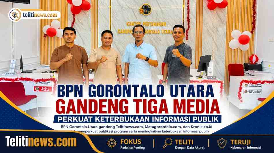 Kepala BPN Gorontalo Utara bersama perwakilan Telitinews.com, Matagorontalo.com, dan Kronik.co.id membahas kerja sama publikasi di Kantor BPN Gorontalo Utara.