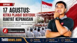 Ilustrasi opini 17 Agustus tentang pejabat berteduh sementara rakyat dan peserta upacara berdiri di bawah terik matahari.