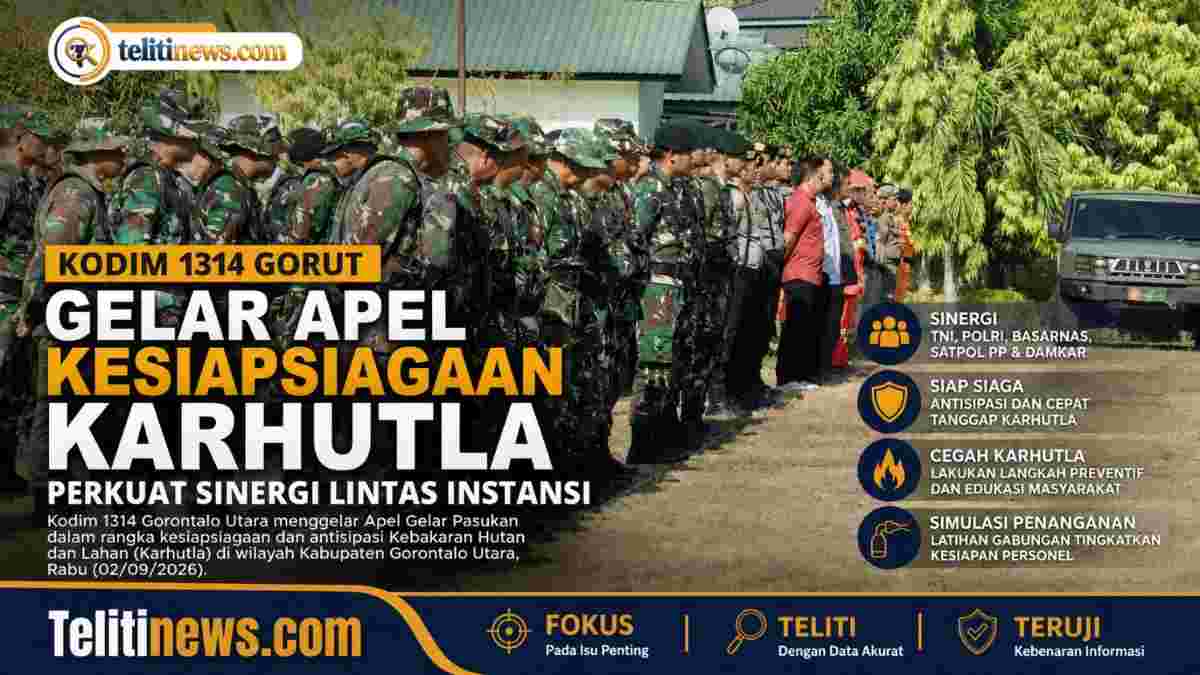 Dandim 1314 Gorontalo Utara Letkol Inf Gembong Yudo Sasongko memimpin apel kesiapsiagaan Karhutla bersama TNI, Polri, Basarnas dan Damkar.